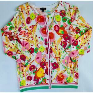 Talbots Small Floral Charming Cardigan Sweater Cotton Floral 3/4 Sleeve Bright